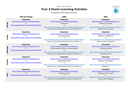 Year 2 Home Learning Activities Complete These Daily Activities