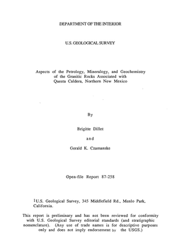 Aspects of the Petrology, Mineralogy, and Geochemistry of the Granitic Rocks Associated with Questa Caldera, Northern New Mexico