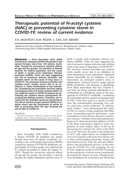 Therapeutic Potential of N-Acetyl Cysteine (NAC) in Preventing Cytokine Storm in COVID-19: Review of Current Evidence