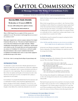 A Message from the King (2 Corinthians 5:21) OCTOBER 2, 2013 Paul Meinsen / PO Box 891Bible, Jefferson Study City, MO 65102 Title / Paul.Meinsen@Capitolcom.Org
