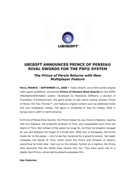 Ubisoft Announces Prince of Persia® Rival Swords for the Psp® System