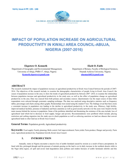 Impact of Population Increase on Agricultural Productivity in Kwali Area Council-Abuja, Nigeria (2007-2016)