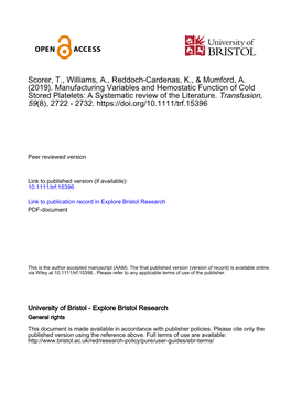 (2019). Manufacturing Variables and Hemostatic Function of Cold Stored Platelets: a Systematic Review of the Literature