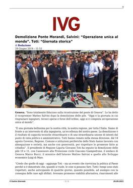 Demolizione Ponte Morandi, Salvini: “Operazione Unica Al Mondo”. Toti: “Giornata Storica” Di Redazione 28 Giugno 2019 – 11:53
