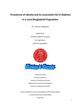 Prevalence of Obesity and Its Associated Risk of Diabetes in a Rural Bangladeshi Population
