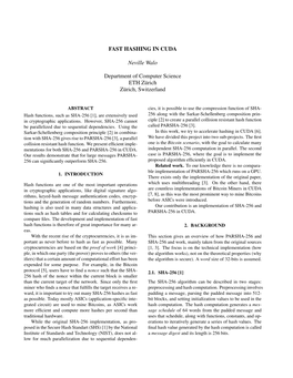 FAST HASHING in CUDA Neville Walo Department of Computer