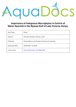 Importance of Indeginous Macrophytes in Control of Water Hyacinth in the Nyanza Gulf of Lake Victoria, Kenya