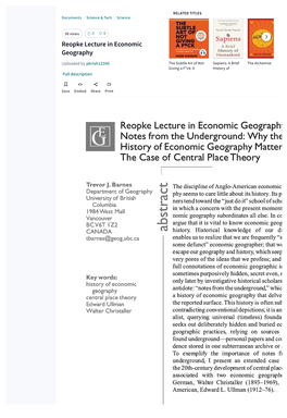 Why the History of Economic Geography Matters: the Case of Central Place Theory