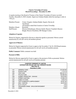 Charter Township of Canton Board Proceedings – December 8, 2020 a Regular Meeting of the Board of Trustees of the Charter Town