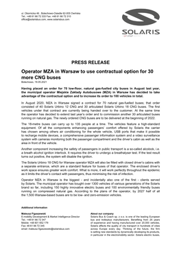 PRESS RELEASE Operator MZA in Warsaw to Use Contractual Option