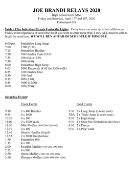 JOE BRANDI RELAYS 2020 High School Girls Meet Friday and Saturday, April 17Th and 18Th, 2020 Connetquot HS