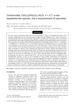 Centennialite, Cacu3(OH)6Cl2.Nh2o, N ≈ 0.7, a New Kapellasite-Like Species, and a Reassessment of Calumetite