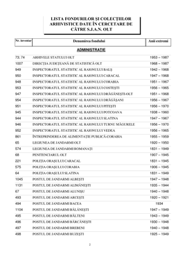 Lista Fondurilor Şi Colecłiilor Arhivistice Date În