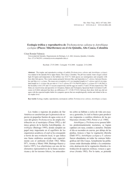 Ecología Trófica Y Reproductiva De Trichomycterus Caliense Y Astroblepus Cyclopus (Pisces: Siluriformes) En El Río Quindio, Alto Cauca, Colombia