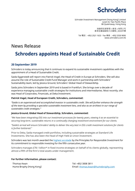 Schroders Appoints Head of Sustainable Credit