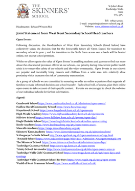 Joint Statement from West Kent Secondary School Headteachers