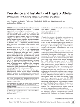 Prevalence and Instability of Fragile X Alleles Implications for Offering Fragile X Prenatal Diagnosis