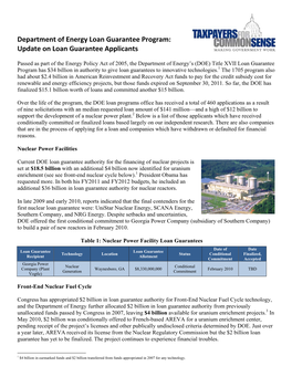 Department of Energy Loan Guarantee Program: Update on Loan Guarantee Applicants