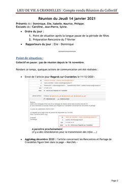 LIEU DE VIE a CRANDELLES : Compte Rendu Réunion Du Collectif