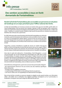 Info Presse ONF Fontainebleau / Avril 2013 Des Sentiers Accessibles À Tous En Forêt Domaniale De Fontainebleau