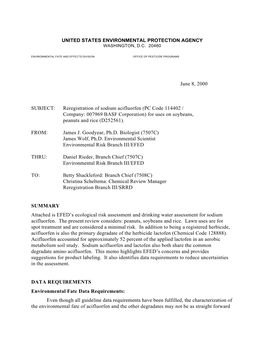 Reregistration of Sodium Acifluorfen (PC Code 114402 / Company: 007969 BASF Corporation) for Uses on Soybeans, Peanuts and Rice (D252561)