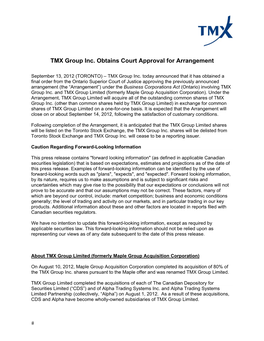 TMX Group Inc. Obtains Court Approval for Arrangement