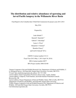 The Distribution and Relative Abundance of Spawning and Larval Pacific Lamprey in the Willamette River Basin