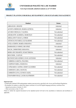 UNIVERSIDAD POLITÉCNICA DE MADRID List of Provisionally Admitted Students As of 7/27/2018