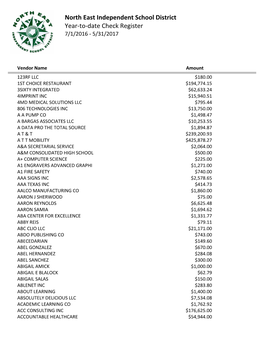 North East Independent School District Year-To-Date Check Register 7/1/2016 - 5/31/2017