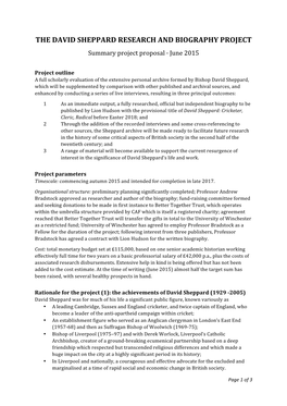 THE DAVID SHEPPARD RESEARCH and BIOGRAPHY PROJECT Summary Project Proposal · June 2015