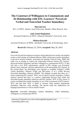 The Construct of Willingness to Communicate and Its Relationship with EFL Learners’ Perceived Verbal and Nonverbal Teacher Immediacy