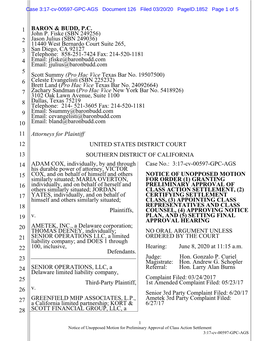 Motion for Preliminary Approval of Class Action Settlement 3:17-Cv-00597-GPC-AGS Case 3:17-Cv-00597-GPC-AGS Document 126 Filed 03/20/20 Pageid.1853 Page 2 of 5