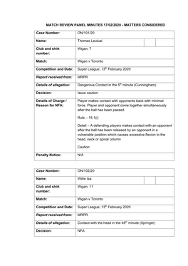 Match Review Panel Minutes 17/02/2020 - Matters Considered