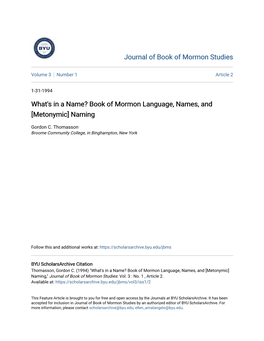 Book of Mormon Language, Names, and [Metonymic] Naming