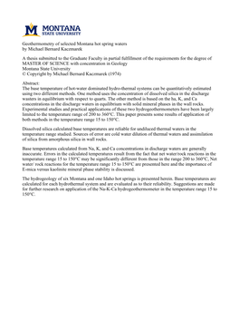 Geothermometry of Selected Montana Hot Spring Waters by Michael