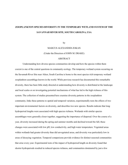 Zooplankton Species Diversity in the Temporary Wetland System of The