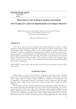 Wood Research the Effect of Surface Sizing on Paper Wettability and on Properties of Inkjet Prints