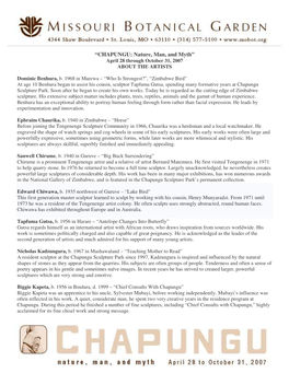 “CHAPUNGU: Nature, Man, and Myth” April 28 Through October 31, 2007 ABOUT the ARTISTS