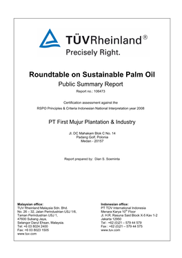 Roundtable on Sustainable Palm Oil Public Summary Report Report No.: 106473