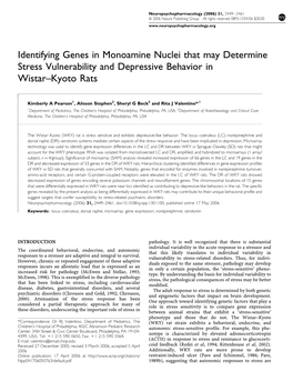 Identifying Genes in Monoamine Nuclei That May Determine Stress Vulnerability and Depressive Behavior in Wistar–Kyoto Rats