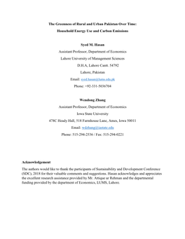 The Greenness of Rural and Urban Pakistan Over Time: Household Energy Use and Carbon Emissions