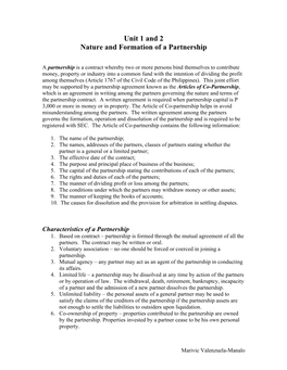 Unit 1 and 2 Nature and Formation of a Partnership