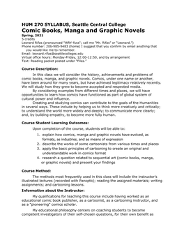 Comic Books, Manga and Graphic Novels Spring, 2021 5 Credits Leonard Rifas (Pronounced 