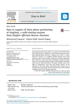 Data in Support of Three Phase Partitioning of Zingibain, a Milk-Clotting Enzyme from Zingiber Ofﬁcinale Roscoe Rhizomes