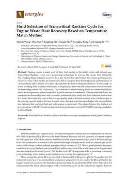 Fluid Selection of Transcritical Rankine Cycle for Engine Waste Heat Recovery Based on Temperature Match Method