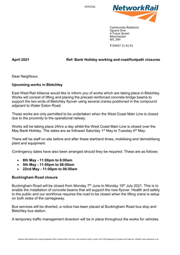 April 2021 Ref: Bank Holiday Working and Road/Footpath Closures Dear