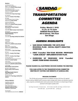 AGENDA David Arambula Metropolitan Transit System Friday, March 2, 2018 John Aguilera Vice Chair, North County Transit District 9 A.M