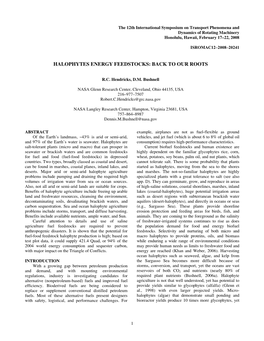 Halophytes Energy Feedstocks: Back to Our Roots