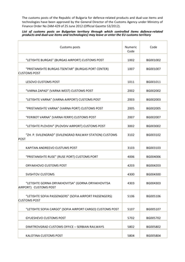 The Customs Posts of the Republic of Bulgaria for Defence-Related