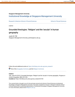 Grounded Theologies: 'Religion' and the 'Secular' in Human Geography